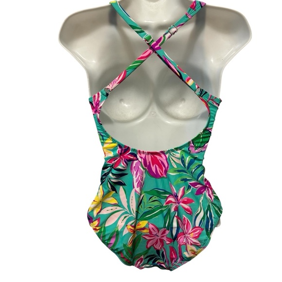 Stella Parker Shirred Multi-Color Hawaiian Floral One Piece Swimsuit Sz M New - Picture 7 of 11